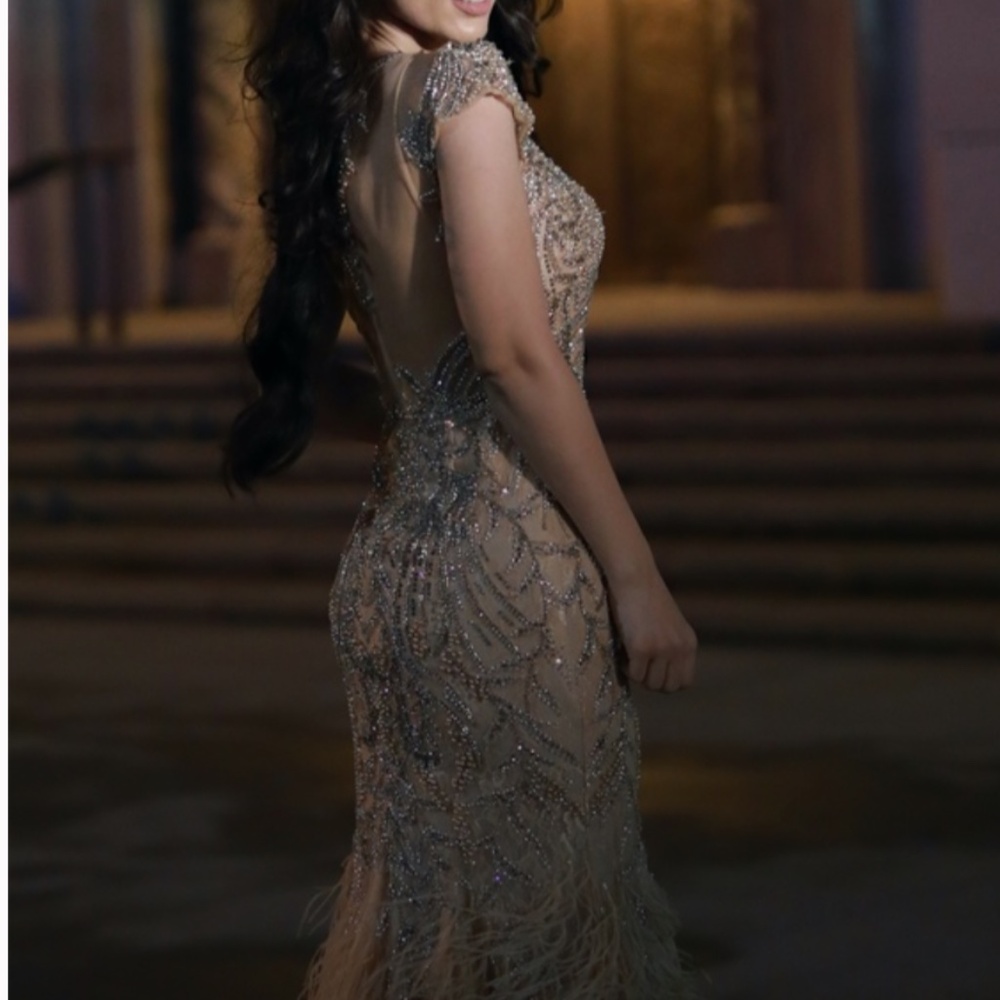 JOVANI FEATHER FISHTAIL GOWN BRIDESMAID, MADE OF AN HONOR, BRIDES MOTHER